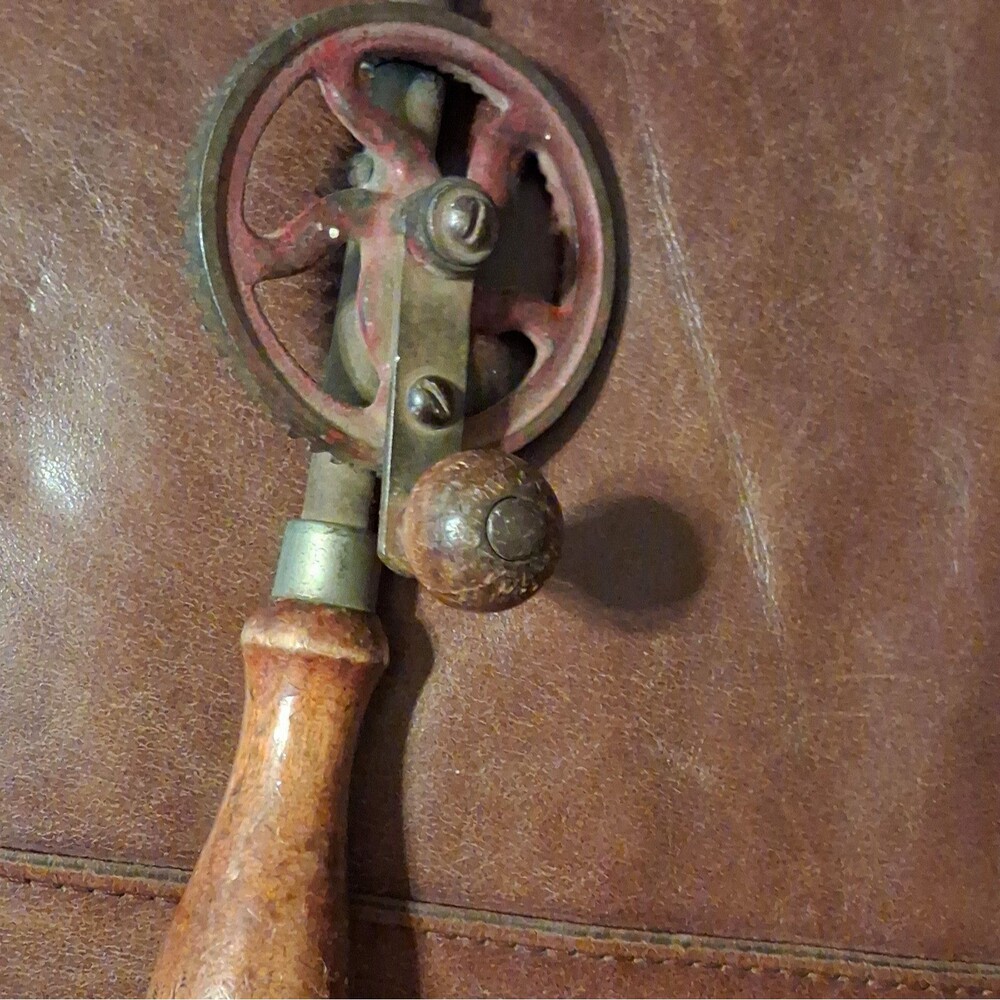 Vintage Original Hand Crank Eggbeater Style Gear Drill w/ Wooden Handle